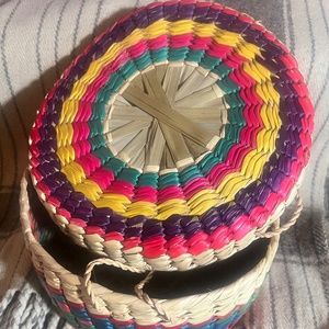 Woven Mexican Basket with attached lid(Multi-Colored